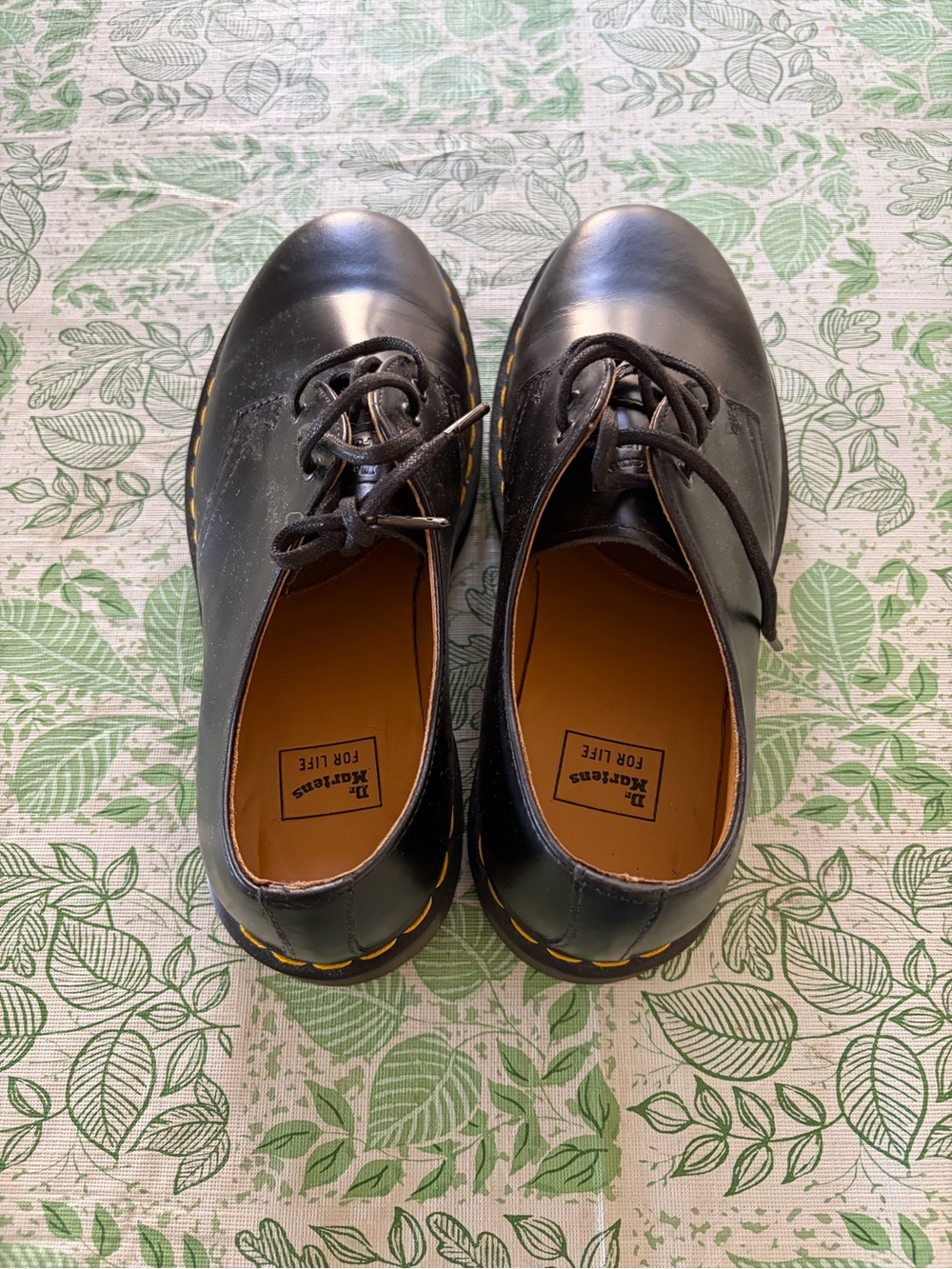 Dr. Martens Black Leather 3-Eye Derby Shoes with Yellow Stitching - Picture 2 of 4